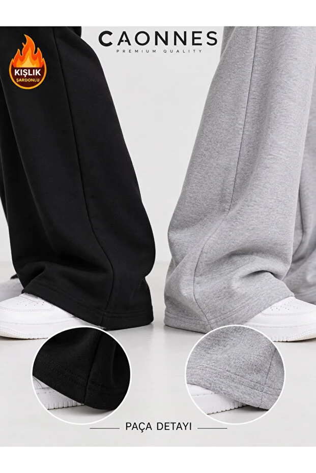Kışlık Şardonlu Kadın 2'li Eşofman Altı (Siyah-Gri) Oversize Rahat Kalıp Geniş Paça Yıkamalı Tüylenme Yapmaz